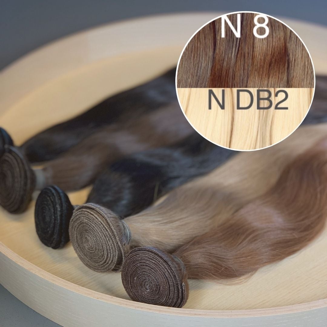 Machine Wefts / Bundles Color _8/DB2 GVA hair_One donor line.