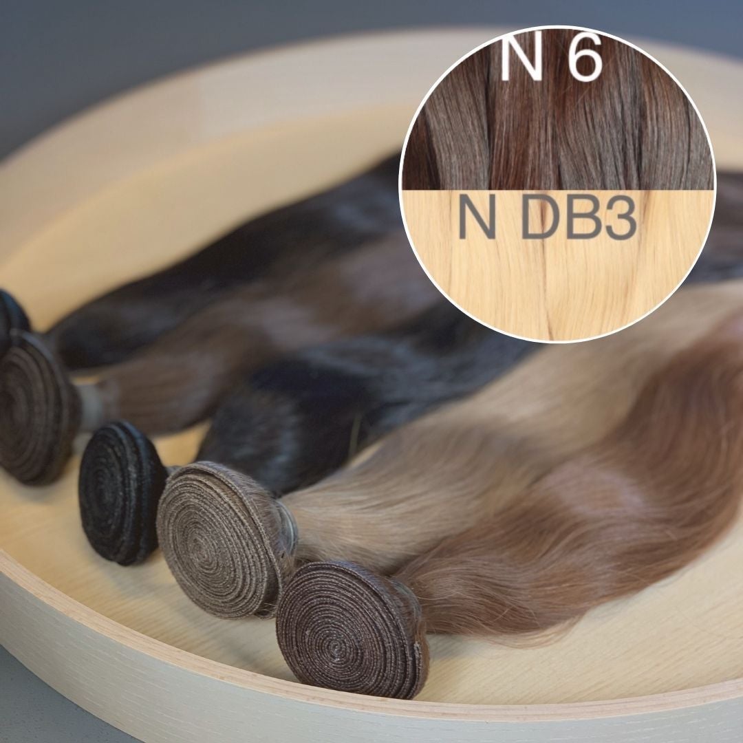 Machine Wefts / Bundles Color _6/DB3 GVA hair_One donor line.