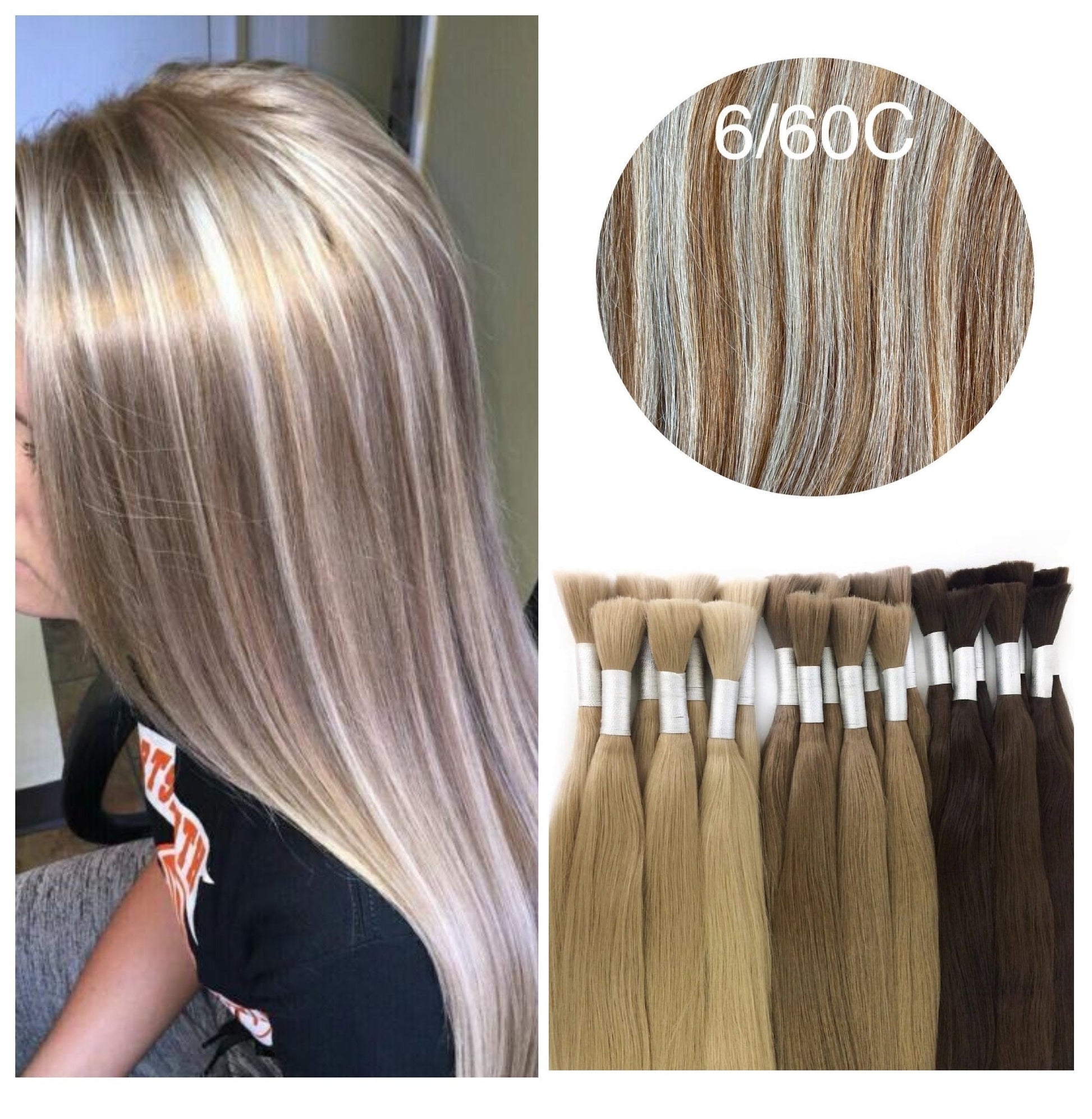 GVA Hair, Raw Cut Hair, hair extension, human hair, blond highlight, natural real hair extension, Raw Cut Hair, 100 gram, blond highlight, color 6/60C.